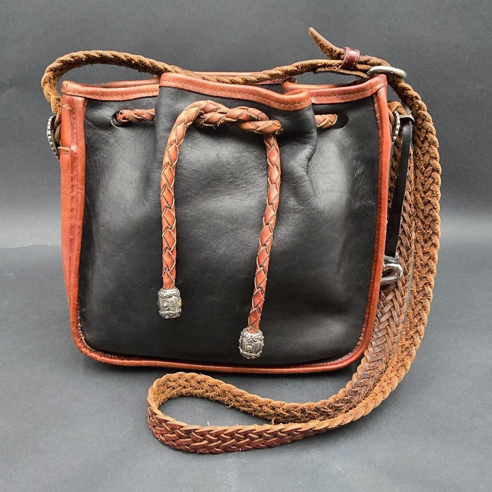 Vintage Brighton Leather Bucket Purse Draw String Shoulder Bag Woven Strap Black
